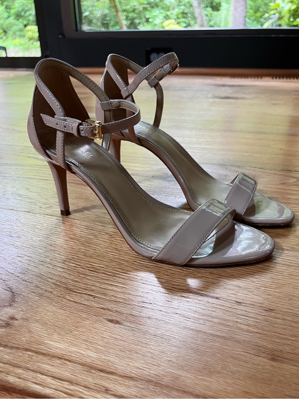 Michael Kors Patent Leather Taupe High Heel Ankle Strap Heels